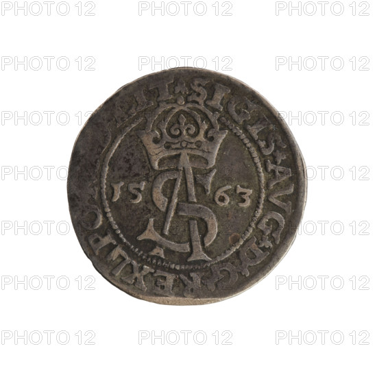 Lithuanian trojak, Sigismund II Augustus (king of Poland; 1544–1572). Coin dated 1563, struck in Vilnius, Grand Duchy of Lithuania (Poland). Av.: Under the crown a tied royal monogram composed of the letters SA, flanked by the date 15 - 63; rim inscription divided by the Topór coat of arms: .SIGIS.AVG.DGREX - PO, .LIT. Rev.: Under a ducal mitre a shield with the Lithuanian Pahonia and the value number III; rim inscription: GROSS.AR.TRI, DVCA.LI -. Medium: silver coin (trojak). Diameter c. 20.6–20.9 mm; weight 2.92 g. Includes coats of arms, tied monograms, royal monograms, Pogon (coat of arms; Lithuania), and Jagiellonian dynastic iconography. Makers/associations: Tarlo, Gabriel (ca. 1486–1565); Potocki, Andrzej Kazimierz (1861–1908).