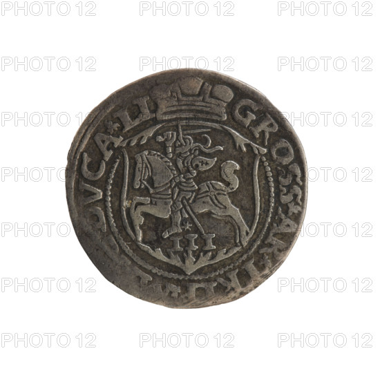 Lithuanian trojak, Sigismund II Augustus (king of Poland; 1544–1572). Aw: Under the crown a tied monogram composed of the letters SA, flanked by the year 15-63; rim inscription divided by the Topór coat of arms: .SIGIS.AVG.DGREX - PO, .LIT. Rv: Under the ducal mitre dividing the rim a shield with the Lithuanian Pahonia and the value number III; rim inscription: GROSS.AR.TRI, DVCA.LI -, 1563, Vilnius, Grand Duchy of Lithuania. Coin; diameter 20.6–20.9 mm; weight 2.92 g. Features: coats of arms, Jagiellonian dynasty, Polish coins, monograms (SA), tied monograms, coats of arms under a ducal mitre, Pogon (coat of arms; Lithuania).