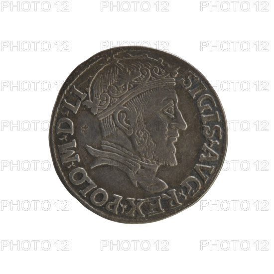Lithuanian troika, Sigismund II Augustus (King of Poland; 1544–1572), coats of arms, Jagiellonians (dynasty), royal bust, Polish coins, Pogon (coat of arms; Lithuania), Sigismund II Augustus (King of Poland; 1520–1572) - iconography, male busts. Obv. Crowned male bust in armour turned right, separating the rim inscription at the top: SIGIS.AVG.REX.POLO.MDLI. Rev. Value number III under which the inscription in three lines: .GROSS.AR./.TRIPL.MAG./.DVCA.LITVA.; below the Lithuanian Chase divides the year 15 - 47 (1547). Vilnius, Poland, Grand Duchy of Lithuania; coin. Diameter 21.2–21.4 mm; weight 2.54 g.