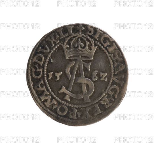 Lithuanian troika, Sigismund II Augustus (king of Poland; 1544–1572); obverse: under the crown a tied monogram composed of the letters SA, on the sides the year: 15 - 6Z, in the rim the inscription: .SIGIS.AVG.REX.PO.MAG.DVX.LI; reverse: Lithuanian Pogon (Pursuit) facing left, below the value number III and the Column coat of arms dividing the inscription in the rim: .GROSS.AR.TRIP - MAG.DVCA.LI; 1562, Vilnius, Grand Duchy of Lithuania; Polish coin; monograms; coats of arms; diameter 21.0–21.5 mm; weight 2.82 g.