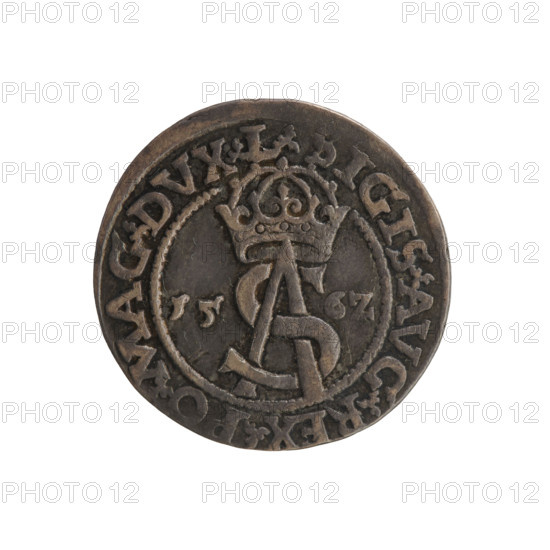 Lithuanian trojak, Sigismund II Augustus (king of Poland; 1544–1572). Obverse: under the crown a tied royal monogram composed of the letters SA, flanked by the year 15-6Z, rim inscription .SIGIS.AVG.REX.PO.MAG.DVX.L. Reverse: Lithuanian Pogon (Pursuit) facing left, below the value number III and the Column coat of arms dividing the rim inscription .GROSS.AR.TRIP - MAG.DVCA.LI. Dated 1562, struck in Vilnius, Grand Duchy of Lithuania (Poland). Coin, diameter 21.0–21.4 mm, weight 2.99 g.