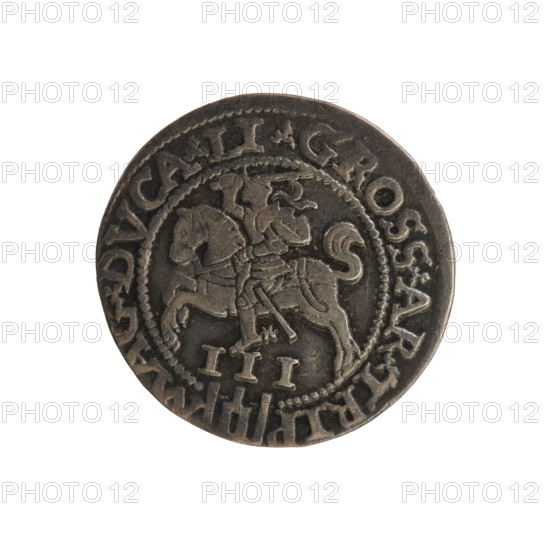 Lithuanian trojak, Sigismund II Augustus (king of Poland; 1544–1572). Obverse: under the crown a tied monogram composed of the letters SA, on the sides the year 15 - 6Z, in the rim the inscription .SIGIS.AVG.REX.PO.MAG.DVX.L. Reverse: Lithuanian Pogon (Pursuit) facing left, below the value number III and the Column coat of arms dividing the inscription in the rim: .GROSS.AR.TRIP - MAG.DVCA.LI. Dated 1562, struck in Vilnius, Grand Duchy of Lithuania (Poland). Coin (Polish), monograms, coats of arms; diameter ~21.0–21.4 mm, weight 2.99 g.