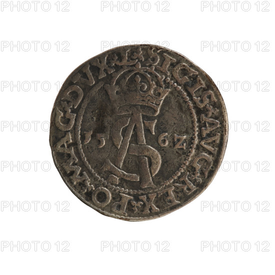 Obverse: Under the crown a tied monogram composed of the letters SA, on the sides the year: 15 - 6Z; rim inscription: .SIGIS.AVG.REX.PO.MAG.DVX.L. Reverse: Lithuanian Pursuit (Pogon) facing left; below the value number III and the Column coat of arms dividing the rim inscription: .GROSS.AR.TRIP - MAG.DVCA.L. Lithuanian troika (coin) of Sigismund II Augustus (king of Poland, 1544–1572), dated 1562, struck in Vilnius, Grand Duchy of Lithuania (Poland–Lithuania). Features: SA monogram, tied/royal monograms, Jagiellon coats of arms; diameter ~20.6–21.3 mm; weight 2.77 g.