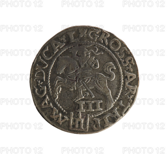 Lithuanian troika, Sigismund II Augustus (king of Poland; 1544–1572). Obverse: under the crown a tied monogram composed of the letters SA, year 15-62 at sides, rim inscription .SIGIS.AVG.REX.PO.MAG.DVX.L. Reverse: Lithuanian Pogon (Pursuit) facing left, below the value number III and the Column coat of arms dividing the rim inscription .GROSS.AR.TRIP-MAG.DVCA.L. Dated 1562, Vilnius, Grand Duchy of Lithuania. Coin, diameter 20.6–21.3 mm, weight 2.77 g. Monograms; coats of arms; Polish/Lithuanian royal monogram.