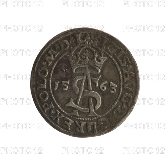 Lithuanian trojak, Sigismund II Augustus (king of Poland; 1544–1572). Aw: Under the crown a tied monogram composed of the letters SA, flanked by the year 15 - 63; rim inscription divided by an axe coat of arms: .SIGIS.AVG.DG - REX.POLO.MDL. Rw: Under a ducal mitre a shield with the Lithuanian Pahonia and the value numeral II; rim inscription: GROSS.AR.TRIP.MAG.DVCA.LI -. 1563, Vilnius, Grand Duchy of Lithuania. Coin; diameter 21.2–21.4 mm; weight 3.05 g.