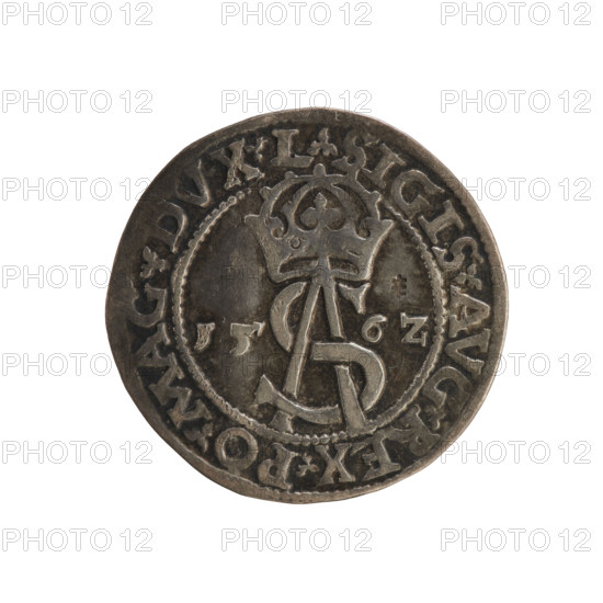 Lithuanian trojak, Sigismund II Augustus (King of Poland; 1544–1572). Obverse: under the crown a tied royal monogram composed of the letters SA, date on the sides 15 - 6Z, rim inscription .SIGIS.AVG.REX.PO.MAG.DVX.L. Reverse: Lithuanian Pogon (Pursuit) facing left, below the value number III and the Column coat of arms dividing the rim inscription .GROSS.AR.TRIP - MAG.DVCA.LI. Dated 1562, struck in Vilnius, Grand Duchy of Lithuania (Poland–Lithuania). Coin; diameter ~21.4–21.7 mm; weight 2.92 g.