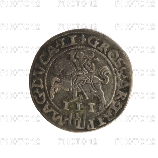 Lithuanian trojak, Sigismund II Augustus (King of Poland; 1544–1572). Obverse: under the crown a tied monogram composed of the letters SA, with the year 15 - 6Z on the sides; rim inscription: .SIGIS.AVG.REX.PO.MAG.DVX.L. Reverse: Lithuanian Pogon (Pursuit) facing left, below the value number III and the Column coat of arms dividing the rim inscription: .GROSS.AR.TRIP - MAG.DVCA.LI. Date: 1562, mint: Vilnius, Grand Duchy of Lithuania (Poland). Coin; diameter 21.4–21.7 mm; weight 2.92 g.