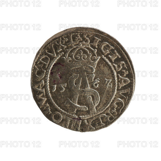 Lithuanian trojak, Sigismund II Augustus (king of Poland; 1544–1572). Aw: Under the crown a tied monogram composed of the letters SA, flanked by the year 15 - 6Z; rim inscription divided by the axe coat of arms: .SIGIS.AVG.REX - PO.MAG.DVX.L. Rv: Under the ducal mitre, dividing the rim, a shield with the Lithuanian Pahonia and the value number III; rim inscription: GROSS.AR.TRIP.MAG.DVCA.L. 1562, Vilnius, Grand Duchy of Lithuania. Coin; diameter 21.0–21.4 mm; weight 2.95 g. Coats of arms, SA monogram, tied monograms, Pogon (coat of arms), coats of arms under a ducal mitre, royal monograms.