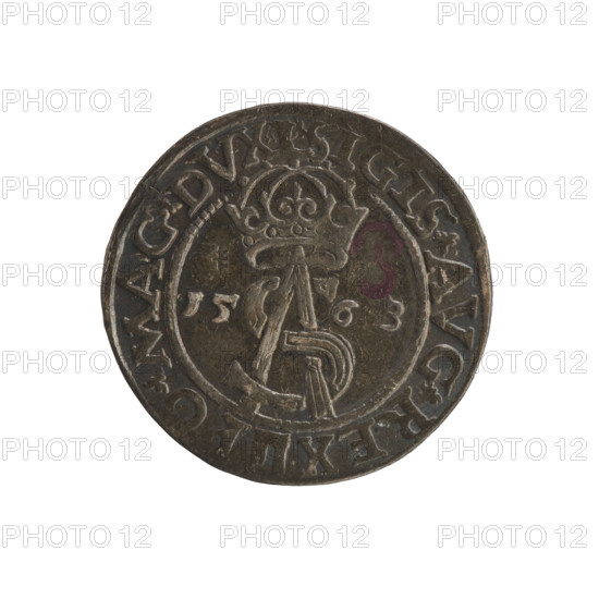 Trojak (coin), 1563, Vilnius, Grand Duchy of Lithuania. Obverse: under a crown, a tied royal monogram composed of the letters 'SA' (Sigismundus Augustus), flanked by the date 15 - 63; rim inscription: .SIGIS.AVG.REX - PO.MAG.DVX.L. Reverse: under a ducal mitre, a shield with the Lithuanian Pahonia (Pogon) and the value numeral III; rim inscription: GROSS.AR.TRIP.MAG.DVCA.LI. Diameter c. 20.8–21.3 mm; weight 3 g.