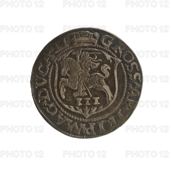 Trojak (coin) of Sigismund II Augustus (King of Poland, 1544–1572), 1563. Aw.: Under a crown, tied royal monogram SA; on sides the year 15-63; rim inscription: .SIGIS.AVG.REX - PO.MAG.DVX.L. Rw.: Under a ducal mitre dividing the rim, shield with the Lithuanian Pahonia (Pogon) and value number III; rim inscription: GROSS.AR.TRIP.MAG.DVCA.LI -. Coats of arms under a princely mitre; SA monogram; monograms; tied monograms. Coin from Vilnius, Grand Duchy of Lithuania. Diameter ~20.8–21.3 mm; weight 3 g.