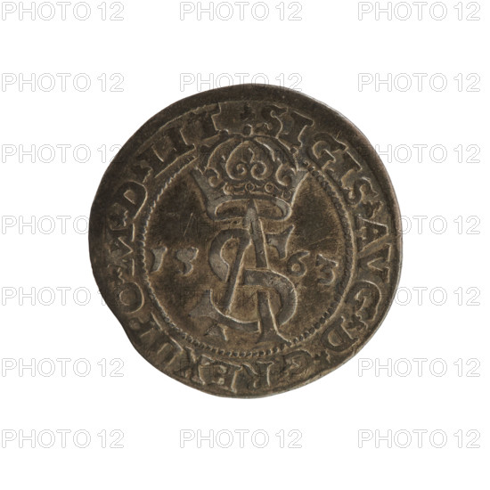 Lithuanian trojak, Sigismund II Augustus (king of Poland; 1544–1572); obverse: under the crown, a tied monogram composed of the letters SA, flanked by the year 15 - 63, rim inscription .SIGIS.AVG.DGREX - PO.MDLIT; reverse: under the ducal mitre dividing the rim, a shield with the Lithuanian Pahonia and the value number III, rim inscription GROSS.AR.TRIP.MAG.DVCA.L; 1563, Vilnius, Grand Duchy of Lithuania; Polish coin; diameter ~20.7–21.0 mm; weight 3.05 g; features coats of arms, SA monogram, tied monograms, Pogon (coat of arms), coats of arms under a princely mitre.