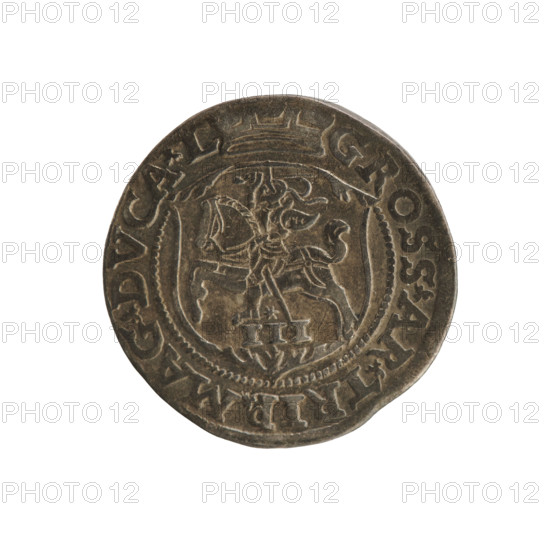 Lithuanian trojak, Sigismund II Augustus (king of Poland; 1544–1572); obverse under the crown: tied SA monogram flanked by the date 15–63, rim inscription .SIGIS.AVG.DGREX - PO.MDLIT; reverse under a ducal mitre dividing the rim: shield with the Lithuanian Pahonia and value number III, rim inscription GROSS.AR.TRIP.MAG.DVCA.L; 1563, Vilnius, Grand Duchy of Lithuania; Polish coin; coats of arms and monograms; diameter ~20.7–21.0 mm; weight 3.05 g.