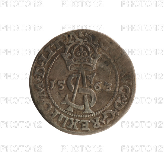 Lithuanian trojak, Sigismund II Augustus (king of Poland; 1544–1572). Aw: Under the crown a tied monogram composed of the letters SA, flanked by the year 15 - 63; in the rim an inscription divided by the Topór coat of arms: .SI, AVG.DGREX - PO.MDLITVA. Rv: Under the ducal mitre, dividing the rim, a shield with the Lithuanian Pahonia and the value number III; in the rim an inscription: GROSS.AR.TR, G.DVCA.L -. 1563, Vilnius, Grand Duchy of Lithuania, Poland. Attributes: Jagiellonian dynasty; coats of arms; Pogon (coat of arms; Lithuania); SA monogram; tied monograms; coats of arms under a princely mitre. Coin; diameter ca. 20.7–21.0 mm; weight 2.8 g.