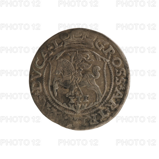 Lithuanian trojak, Sigismund II Augustus (king of Poland; 1544–1572). Aw: Under the crown a tied monogram composed of the letters SA, flanked by the year 15 - 63; in the rim an inscription divided by the Topór coat of arms: .SI, AVG.DGREX - PO.MDLITVA. Rv: Under the ducal mitre dividing the rim a shield with the Lithuanian Pahonia and the value number III; in the rim an inscription: GROSS.AR.TR, G.DVCA.L -. Date: 1563, Vilnius, Grand Duchy of Lithuania, Poland. Coin; diameter 20.7–21.0 mm; weight 2.8 g. Coats of arms, SA monogram, tied monograms, coats of arms under a princely mitre, Pogon (coat of arms).
