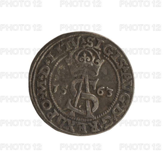 Lithuanian trojak, Sigismund II Augustus (king of Poland; 1544–1572). Aw: Under the crown a tied monogram composed of the letters SA, flanked by the date 15 - 63; rim inscription divided by the Topór coat of arms: .SIGIS.AVG.DGREX - PO.MDLITV. Rv: Under the ducal mitre a shield with the Lithuanian Pahonia and the value number III; rim inscription: GROSS.AR.TRIP.MAG.DVCA.L. 1563, Vilnius, Grand Duchy of Lithuania, Poland. Coin; diameter 21.0–21.3 mm; weight 2.9 g. Coats of arms, Jagiellonian dynasty, monograms, tied monograms, royal monograms, Pogon (coat of arms), coats of arms under a princely mitre, SA monogram.