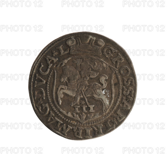 Lithuanian trojak, Sigismund II Augustus (king of Poland; 1544–1572). Obverse: under the crown a tied monogram composed of the letters SA, flanked by the date 15 - 63; rim inscription divided by the Topór coat of arms: .SIGIS.AVG.DGREX - PO.MDLITV. Reverse: under the ducal mitre a shield with the Lithuanian Pahonia and the value number III; rim inscription: GROSS.AR.TRIP.MAG.DVCA.L. 1563. Vilnius, Grand Duchy of Lithuania, Poland. Coin; diameter 21.0–21.3 mm; weight 2.9 g. Subjects/ motifs: coats of arms, Jagiellonians (dynasty), monograms (tied, royal), Pogon (coat of arms), coats of arms under a princely mitre; SA monogram.