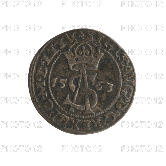Lithuanian trojak, Sigismund II Augustus (king of Poland; 1544–1572). Aw: Under the crown a tied monogram composed of the letters SA, flanked by the date 15 - 63; rim inscription divided by the Topór coat of arms: .SIGIS.AVG.DGREX - PO.MDLITV. Rv: Under a ducal mitre a shield with the Lithuanian Pahonia and the value number III; rim inscription: GROSS.AR.TRIP.MAG.DVCA.LI. 1563. Vilnius, Grand Duchy of Lithuania, Poland. Coin; diameter 20.8–21.3 mm; weight 2.88 g. Coats of arms, SA monogram, tied monograms, Pogon (coat of arms), coats of arms under a ducal mitre, royal monograms.
