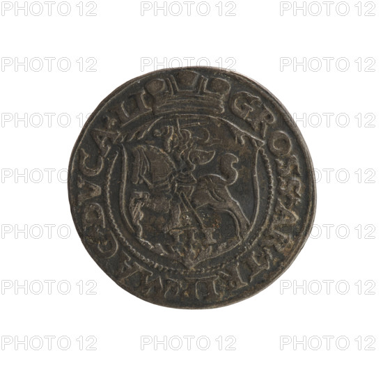 Lithuanian trojak, Sigismund II Augustus (king of Poland; 1544–1572); tied SA monogram under a crown with date 15-63 on sides; rim inscription .SIGIS.AVG.DGREX - PO.MDLITV; reverse under a ducal mitre a shield with the Lithuanian Pahonia and value number III; rim inscription GROSS.AR.TRIP.MAG.DVCA.LI; 1563, Vilnius, Grand Duchy of Lithuania, Poland; silver coin (trojak); coats of arms including Pogon, Topór; SA monogram, royal monograms; diameter ~20.8–21.3 mm; weight 2.88 g