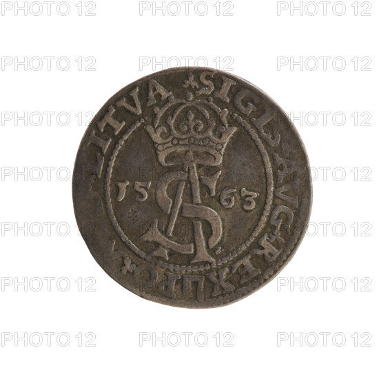 Lithuanian trojak, Sigismund II Augustus (king of Poland; 1544–1572). Aw. Under the crown, a tied monogram composed of the letters SA; on the sides, the year 15-63; in the rim an inscription divided by the Axe coat of arms: .SIGIS.AVG.REX - PO., .LITVA. Rv. Under the ducal mitre dividing the rim, a shield with the Lithuanian Pahonia and the value number III; in the rim an inscription: GROSS.AR.TRIP.MAG.DV, .L-; 1563. Vilnius, Grand Duchy of Lithuania, Poland. Coin; diameter 20.7–21.0 mm; weight 3 g.