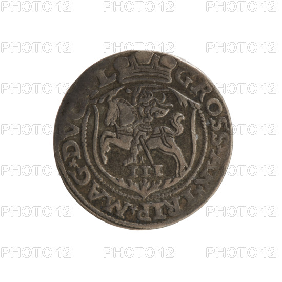 Trojak of Sigismund II Augustus (king of Poland, 1544–1572), 1563. Silver coin (gross/tripla), diameter ~20.7–21.0 mm, weight 3 g. Obverse: under the crown, a tied royal monogram composed of the letters S A with the date 15-63 at the sides; rim inscription: .SIGIS.AVG.REX - PO., .LITVA. Reverse: under a ducal mitre dividing the rim, a shield with the Lithuanian Pahonia and the value number III; rim inscription: GROSS.AR.TRIP.MAG.DV. Location: Vilnius, Grand Duchy of Lithuania, Poland. Subjects/marks: SA monogram, tied monograms, coats of arms, coats of arms under a ducal mitre, Pogon (coat of arms; Lithuania), royal monograms.