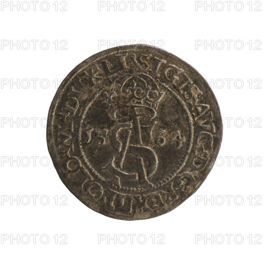 Lithuanian trojak, Sigismund II Augustus (king of Poland; 1544–1572). Aw: Under the crown a tied monogram composed of the letters SA, on the sides a year: 15 - 64; in the rim an inscription divided by the Topór coat of arms: .SIGIS.AVG.DGREX - POLO.M.DVX.LI. Rv: Under the ducal mitre dividing the rim a shield with the Lithuanian Pahonia and the value number III; in the rim an inscription: GROSS.AR.TRIP.MAG.DVCA.L. 1564, Vilnius, Grand Duchy of Lithuania, Poland. Coin; diameter 21.0–21.5 mm; weight 2.95 g. Subjects/marks: Jagiellonians (dynasty), Polish coins, coats of arms, SA monogram, monograms, royal monograms, tied monograms, Pogon (coat of arms; Lithuania), coat of arms under a princely mitre.