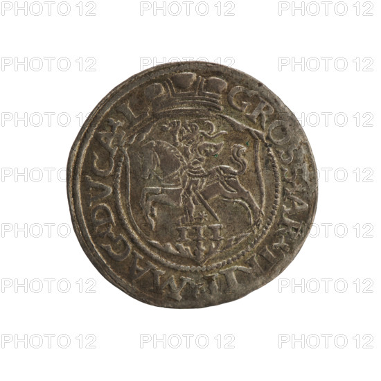 Lithuanian trojak, Sigismund II Augustus (king of Poland; 1544–1572). Aw. Under the crown a tied monogram composed of the letters SA, on the sides a year: 15 - 64; in the rim an inscription divided by the Topór coat of arms: .SIGIS.AVG.DGREX - POLO.M.DVX.LI. Rw. Under the ducal mitre dividing the rim a shield with the Lithuanian Pahonia and the value number III; in the rim an inscription: GROSS.AR.TRIP.MAG.DVCA.L. 1564. Vilnius, Grand Duchy of Lithuania, Poland. Coin. Diameter 21.0–21.5 mm; weight 2.95 g. Features: Polish coins; coats of arms; SA monogram; monograms; royal monograms; tied monograms; Pogon (coat of arms; Lithuania); coat of arms under a princely mitre.