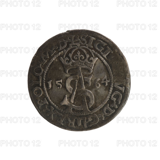 Lithuanian trojak, Sigismund II Augustus (king of Poland; 1544–1572). Aw. Under the crown a tied monogram composed of the letters SA, on the sides the year: 15 - 64; in the rim an inscription divided by the Topór coat of arms: .SIGI, VG.DG - REX.POLO.MDL. Rw. Under the ducal mitre dividing the rim a shield with the Lithuanian Pahonia and the value number III; in the rim an inscription: GROSS.AR.TRIP.MAG.DVCA.L. 1564, Vilnius, Grand Duchy of Lithuania, Poland. Coin (trojak), diameter 20.8–21.0 mm, weight 2.79 g. Coats of arms, Jagiellonians (dynasty), Polish coins, monograms, SA monogram, tied monograms, coats of arms under a princely mitre, Pogon (coat of arms; Lithuania), royal monograms.