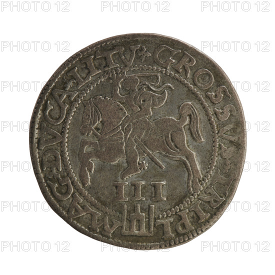 Lithuanian trojak, Sigismund II Augustus (king of Poland; 1544–1572). Coats of arms, Jagiellonians (dynasty), Polish coin. Obverse: crowned male bust in armor facing right, dividing the year 15 - 62, and at the top dividing the rim inscription: .SIGIS.AVG.RE .POLO.MAG.DVX.LI. Reverse: Lithuanian Pogon (Pursuit) facing left, below the value number III and the Column coat of arms dividing the rim inscription: .GROSSVS.TRIPL - MAG.DVCA.LITV. Dated 1562, struck in Vilnius, Grand Duchy of Lithuania (Poland). Coin dia. 27.0–27.2 mm, weight 7.35 g.