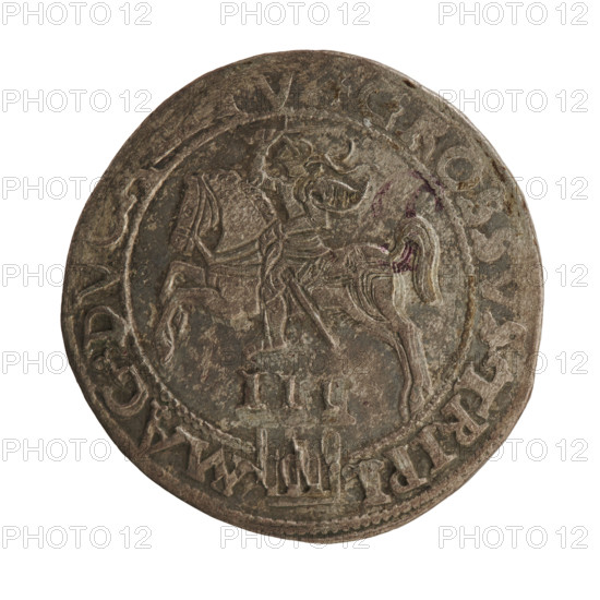 Lithuanian trojak, Sigismund II Augustus (king of Poland; 1520–1572). Obverse: crowned male bust in armor facing right, dividing the year 15 - 6Z, and at the top dividing the rim inscription: .SIGIS.AV X.POLO.MAG.DVX.LIT. Reverse: Lithuanian Pogon (Pursuit) facing left, below the value number III and the Column coat of arms dividing the rim inscription: .GROSSVS.TRIPL - MAG.DVCA. V. 1562. Vilnius, Grand Duchy of Lithuania, Poland. Coin; diameter 27.4–28.0 mm; weight 6.88 g.