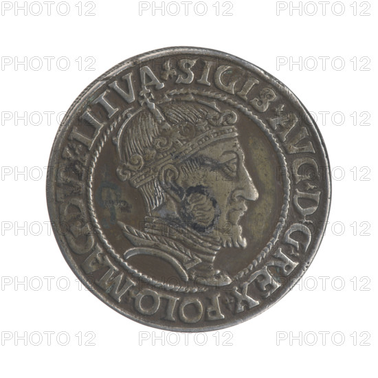 Lithuanian 6-coin forgery of Sigismund II Augustus (King of Poland; 1544–1572), counterfeit creator unknown. Obverse: Crowned male bust in armor turned right, inscription around rim: .SIGIS.AVG.DGREX.POLO.MAG.DVX.LITVA. Reverse: Under the ducal mitre a shield with the Lithuanian Pahonia and the year 1547, flanked by the value number V - I, inscription around rim: GROSS.AR.SEXDVP.MAG.DVCAT9.LITVAN. Related to Jagiellonians (dynasty), Pogon (coat of arms; Lithuania); themes: royal busts, male busts, coats of arms, forgeries. For original: Grand Duchy of Lithuania, Poland. Date: 1547/before 1879. Coin (counterfeit). Diameter ~27.4–27.8 mm; weight 4.87 g.