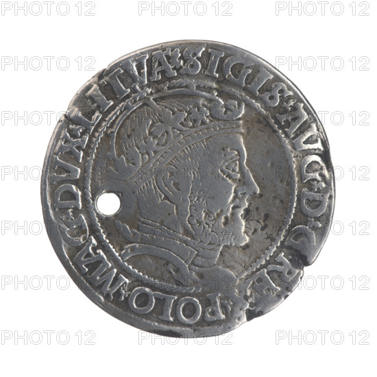 Lithuanian sixer, Sigismund II Augustus (King of Poland; 1544–1572). Jagiellonian dynasty; coats of arms; royal bust; Polish coin; Sigismund II Augustus (1520–1572) — iconography; Pogon (coat of arms; Lithuania); male busts. Obv.: Crowned male bust in armour turned right, inscription around: .SIGIS.AVG.DGREX.POLO.MAG.DVX.LITVA. Rev.: Under the ducal mitre a shield with the Lithuanian Pahonia and the year 1547; on the sides of the shield the number of values V; in the rim the inscription: GROSS.AR.SEXDVP.AG.DVCAT9.LITVANI. Date: 1547. Grand Duchy of Lithuania (Vilnius, Poland). Coin. Diameter 28.3–28.9 mm; weight 4.77 g.