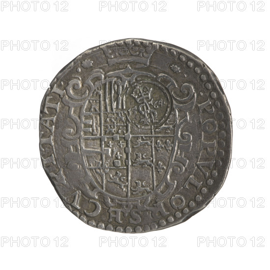 Lithuanian half-thaler (mezzo ducato with countersignature), Sigismund II Augustus (King of Poland; 1544–1572), countersignature by Ravaschiero, Giovanni Battista (fl. 1525–1560), publisher; mezzo ducato attributed to Philip II Habsburg (King of Naples and Sicily; 1554–1598). Numismatic countermarks; Jagiellonians (dynasty). Obverse: male bust in armour turned right, dividing at the bottom an inscription in the rim: .PHILIP.R.ANG.FR.NEAP.PR.HISP; left in the coin field the mintmaster's mark: a tied monogram composed of the letters IBR Rw. Crowned oval multi-field decorative coat of arms with rim inscription divided at the top: .POPVLOR SECVRITATI. Reverse: countersignature of King Sigismund Augustus: in the rim under the crown a tied monogram composed of the letters SA divides the year 15-64 (1554–1560/1564). Grand Duchy of Lithuania (countersignature, Vilnius); Kingdom of Naples (1282–1816, mezzo ducato, Naples); Poland. Coin. Diameter 33.8 mm / 34.7 mm; weight 14.82 g.