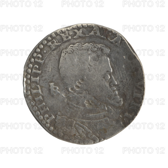 Lithuanian half-thaler (mezzo ducato with countersignature), Sigismund II Augustus (King of Poland; 1544–1572) — countersignature by Giovanni Battista Ravaschiero (fl. 1525–1560), publisher; mezzo ducato for Philip II Habsburg (King of Naples and Sicily; 1554–1598). Obverse: male bust in armour turned right, inscription in rim: PHILIPP.REX ARA.VTRI.; left in coin field the mintmaster's tied monogram composed of letters IBR Rw. Crowned oval decorative multi-field heraldic shield; rim inscription divided at top: SICIL.ET HIERVSAL. Reverse: countersignature of King Sigismund Augustus — in the rim under the crown a tied monogram composed of letters SA divides the year 15–64. Dates: 1554–1560/1564. Places: Grand Duchy of Lithuania (countersignature), Vilnius (countersignature), Kingdom of Naples (1282–1816) / Naples (mezzo ducato), Poland. Coin type: Polish coin, countermarks/countersignatures, heraldic shields, male busts; diameter 33.5–34.6 mm; weight 14.38 g.