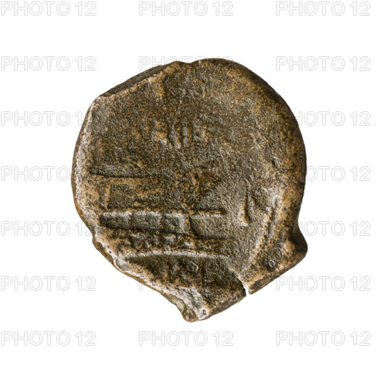 Titurius Sabinus, L. (fl. 89 BC; 75 BC), publisher. Janus (mythology); ships; ship's prow; head of Janus. Obv.: Head of Janus with laurel wreath. Rev.: Ship's prow right; above, RI.LF; before I; below, IN. 89 BC. Roman Republic (505–27 BC), Rome. Coin. Diameter 28.5–28.6 mm, weight 11.21 g, axis 90°.