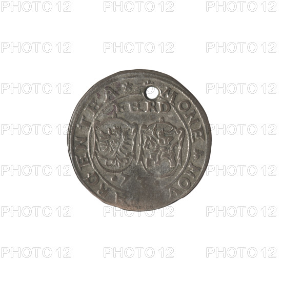 Livonian ferding, Sigismund II Augustus (king of Poland; 1544–1572), (interregnum); Hincza, Jakub (fl. 1572–1573), publisher; Iberfeld, Walentyn (fl. 1572–1573), publisher; Chodkiewicz, Jan Hieronimowicz (ca. 1537–1579), (administrator of Livonia). Gryf with Sword (coat of arms; Inflanty). Coat of arms, griffins, Jagiellonians (dynasty), Polish coin, heraldic shields, Eagle (coat of arms), Pogon (coat of arms). WQXBCFS
I:\nmw crop ready cleaned\ WQXBCFS
I:\nmw crop ready cleaned\Obverse: Below the inscription: FERD, two heraldic shields with the Eagle and Pogon; below the year: .7; in the rim an inscription: MONE. NOV. ARGENTEA. Reverse: A gryphon with a raised sword turned to the left separating the inscription in the rim: . - , CATVS.LIVONIAE, 1573. Inflanty, Dahlholm, Poland. Coin; diameter 23.8–24.2 mm; weight 2.62 g.