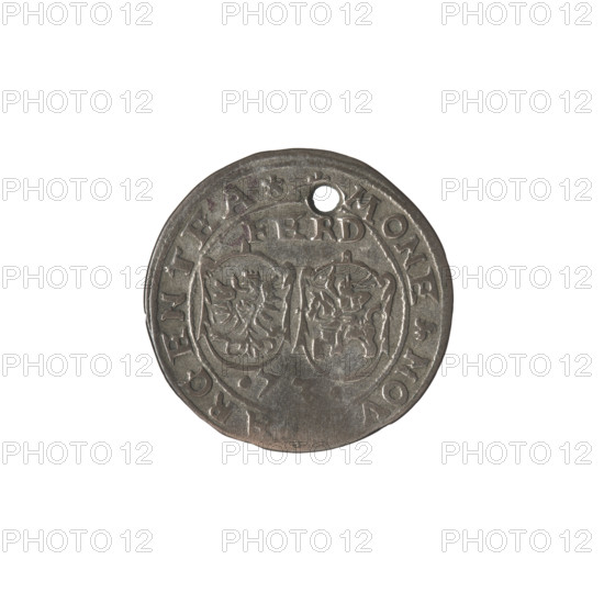 Livonian ferding, Sigismund II Augustus (king of Poland; 1544–1572), (interregnum), Hincza, Jakub (fl. 1572–1573), publisher, Iberfeld, Walentyn (fl. 1572–1573), publisher, Chodkiewicz, Jan Hieronimowicz (ca. 1537–1579), (administrator of Livonia). Gryf with Sword (coat of arms; Inflanty), coat of arms, griffins, Jagiellonians (dynasty), Polish coins, coats of arms, inscriptions, heraldic shields, Eagle (coat of arms), Pogon (coat of arms). Obverse: Below the inscription: FERD two heraldic shields with the Eagle and Pogon; below the year: .7; in the rim an inscription: MONE. NOV. ARGENTEA. Reverse: A gryphon with a raised sword turned to the left separating the inscription in the rim: . - CATVS.LIVONIAE, 1573. Inflanty, Dahlholm, Poland, coin, diameter 23.8–24.2 mm, weight 2.62 g