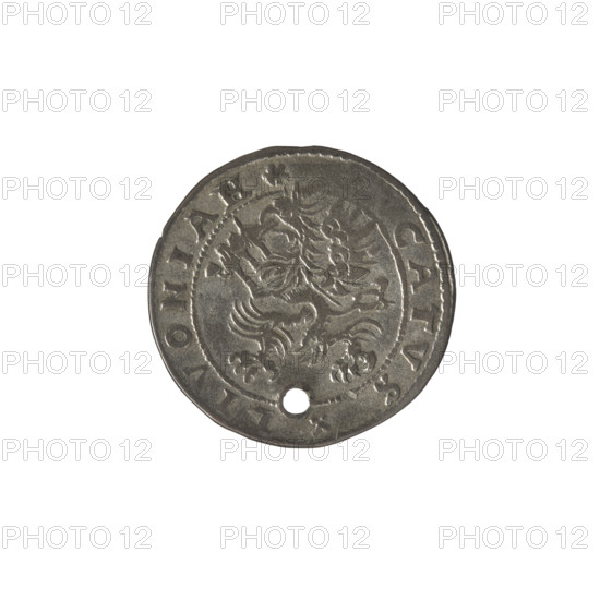Livonian ferding, Sigismund II Augustus (king of Poland; 1544–1572), (interregnum), Hincza, Jakub (fl. 1572–1573), publisher, Iberfeld, Walentyn (fl. 1572–1573), publisher, Chodkiewicz, Jan Hieronimowicz (ca. 1537–1579), (administrator of Livonia). Gryf with Sword (coat of arms; Inflanty), coat of arms, griffins, Jagiellonians (dynasty), Polish coin. Obverse: Below the inscription: FERD two heraldic shields with the Eagle and Pogon; below the year: .7; in the rim an inscription: MONE. NOV. ARGENTEA. Reverse: A gryphon with a raised sword turned to the left separating the inscription in the rim: .- CATVS.LIVONIAE, 1573. Inflanty, Dahlholm, Poland. Coin diameter 23.8–24.2 mm, weight 2.62 g.