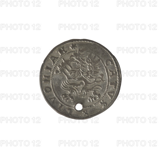 Livonian ferding, Sigismund II Augustus (king of Poland; 1544–1572), (interregnum), Hincza, Jakub (fl. 1572–1573), publisher, Iberfeld, Walentyn (fl. 1572–1573), publisher, Chodkiewicz, Jan Hieronimowicz (ca. 1537–1579), (administrator of Livonia). Gryf with Sword (coat of arms; Inflanty), coat of arms, griffins, Jagiellonians (dynasty), Polish coin, coats of arms, inscriptions, heraldic shields, Eagle (coat of arms), Pogon (coat of arms). Obverse: Below the inscription: FERD two heraldic shields with the Eagle and Pogon, below the year: .7, in the rim an inscription: MONE. NOV. ARGENTEA. Reverse: A gryphon with a raised sword turned to the left separating the inscription in the rim: . - CATVS.LIVONIAE, 1573. Inflanty, Dahlholm, Poland. Coin diameter 23.8–24.2 mm, weight 2.62 g.