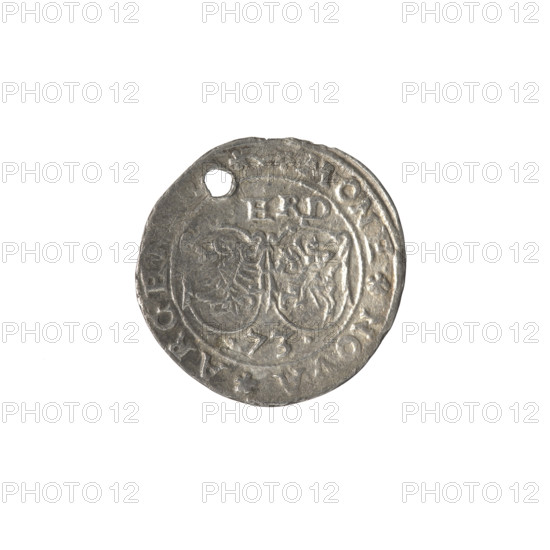Livonian ferding, Sigismund II Augustus (king of Poland; 1544–1572), (interregnum), Iberfeld, Walentyn (fl. 1572–1573), publisher, Hincza, Jakub (fl. 1572–1573), publisher, Chodkiewicz, Jan Hieronimowicz (ca. 1537–1579), (administrator of Livonia), Gryf with Sword (coat of arms; Inflanty), coats of arms, griffins, Jagiellons (dynasty), coats of arms, Polish coins, coats of arms, Eagle (coat of arms), Pogon (coat of arms), inscriptions, Obv. Below the inscription: ERD two coats of arms with the Eagle and Pogon, below the year: .73., in the rim the inscription: MONE.NOVA.ARGE, Rev. A gryphon with a raised sword turned to the left, separating the inscription in the rim: . - DVCATVS.LIVONI, 1573, Poland, Inflanty, Dahlholm, coin, diameter 22.7 mm, diameter 23.6 mm, weight 1.85 g