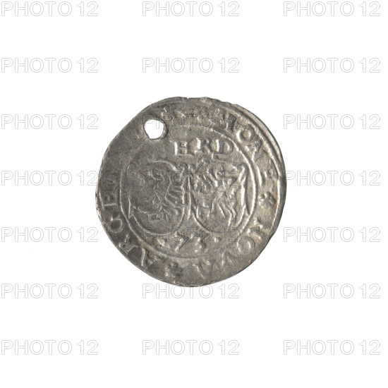 Livonian ferding, Sigismund II Augustus (king of Poland; 1544–1572), (interregnum), Iberfeld, Walentyn (fl. 1572–1573), publisher, Hincza, Jakub (fl. 1572–1573), publisher, Chodkiewicz, Jan Hieronimowicz (ca. 1537–1579), (administrator of Livonia), Gryf with Sword (coat of arms; Inflanty), coats of arms, griffins, Jagiellons (dynasty), coats of arms, Polish coins, coats of arms, Eagle (coat of arms), Pogon (coat of arms), inscriptions, Obv. Below the inscription: ERD two coats of arms with the Eagle and Pogon, below the year: .73., in the rim the inscription: MONE.NOVA.ARGE, Rev. A gryphon with a raised sword turned to the left, separating the inscription in the rim: . - DVCATVS.LIVONI, 1573, Poland, Inflanty, Dahlholm, coin, diameter 22.7 mm, diameter 23.6 mm, weight 1.85 g