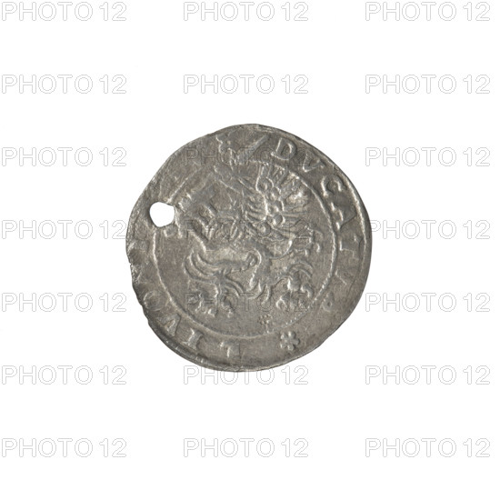 Livonian ferding, Sigismund II Augustus (king of Poland; 1544–1572), (interregnum); publisher Iberfeld, Walentyn (fl. 1572–1573); publisher Hincza, Jakub (fl. 1572–1573); Chodkiewicz, Jan Hieronimowicz (ca. 1537–1579), (administrator of Livonia); Potocki-Pilawa, Potocki, Andrzej Kazimierz (1861–1908) [name present]; Gryf with Sword (coat of arms; Inflanty); coats of arms: griffins, Jagiellons (dynasty), Eagle, Pogon; inscriptions: Obv. Below the inscription: ERD two coats of arms with the Eagle and Pogon, below the year: .73., in the rim the inscription: MONE.NOVA.ARGE; Rev. A gryphon with a raised sword turned to the left, separating the inscription in the rim: . - DVCATVS.LIVONI; 1573; Poland, Inflanty; Dahlholm; coin; diameter 22.7 mm and 23.6 mm; weight 1.85 g