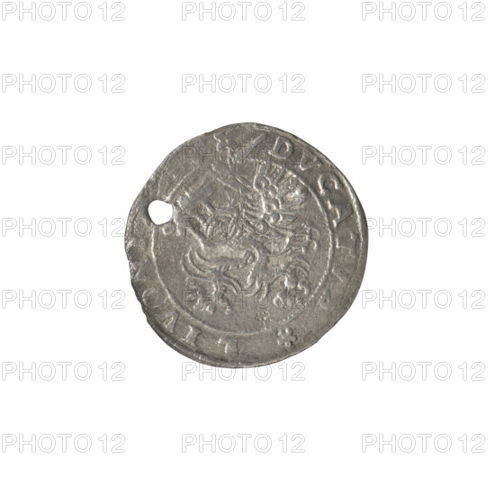 Livonian ferding, Sigismund II Augustus (king of Poland; 1544–1572), (interregnum), Iberfeld, Walentyn (fl. 1572–1573), publisher, Hincza, Jakub (fl. 1572–1573), publisher, Chodkiewicz, Jan Hieronimowicz (ca. 1537–1579), (administrator of Livonia), Gryf with Sword (coat of arms; Inflanty), coats of arms, griffins, Jagiellons (dynasty), coats of arms, Polish coins, coats of arms, Eagle (coat of arms), Pogon (coat of arms), inscriptions, Obv. Below the inscription: ERD two coats of arms with the Eagle and Pogon, below the year: .73., in the rim the inscription: MONE.NOVA.ARGE, Rev. A gryphon with a raised sword turned to the left, separating the inscription in the rim: . - DVCATVS.LIVONI, 1573, Poland, Inflanty, Dahlholm, coin, diameter 22.7 mm, diameter 23.6 mm, weight 1.85 g