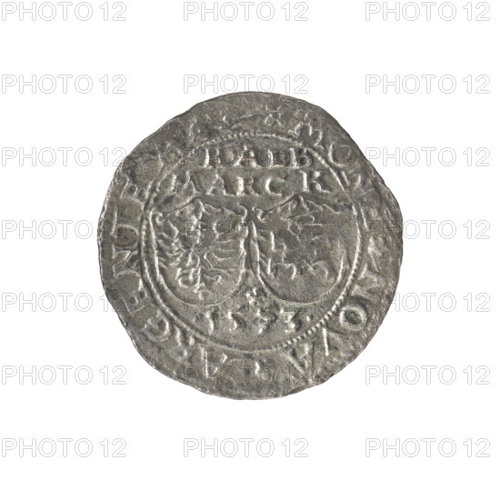 Livonian half-mark (half-fine), Sigismund II Augustus (king of Poland; 1544–1572), (interregnum), Jan Hieronimowicz Chodkiewicz (ca. 1537–1579), administrator of Livonia. Gryf with Sword (coat of arms; Inflanty), coats of arms, Jagiellonians (dynasty), griffins, Polish coin. Obverse: Below the inscription: HALB/MARCK; two coats of arms with the Eagle and Pogon; below the year: .1573; rim inscription: .MONE.NOVA.ARGENTEA. Reverse: A griffin with a raised sword turned to the left, separating the rim inscription: .-DVCATVS.LIVONIAE. 1573. Inflanty (Livonia), Dahlholm. Coin. Diameter 28.3–29.1 mm, weight 4.08 g.