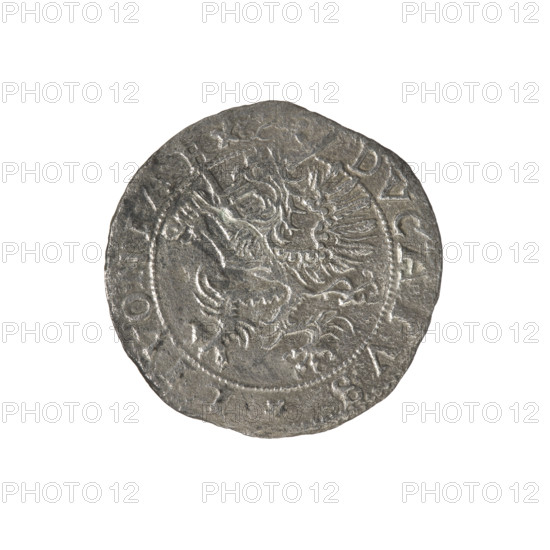 Livonian half-mark (half-fine), Sigismund II Augustus (king of Poland; 1544–1572), (interregnum), Chodkiewicz, Jan Hieronimowicz (ca. 1537–1579), (administrator of Livonia); Gryf with Sword (coat of arms; Inflanty), coats of arms, Jagiellonians (dynasty), griffins, Polish coin. Obverse: Below the inscription HALB/MARCK two coats of arms with the Eagle and Pogon; below the year: .1573; rim inscription: .MONE.NOVA.ARGENTEA. Reverse: A griffin with a raised sword turned to the left, separating the rim inscription: .-DVCATVS.LIVONIAE. Date: 1573. Place: Inflanty (Livonia). Dahlholm. Coin. Diameter 28.3–29.1 mm. Weight 4.08 g.
