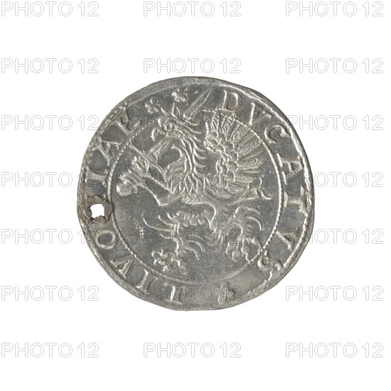 Livonian half-mark (half-fine), Sigismund II Augustus (king of Poland; 1544–1572), (interregnum); Jan Hieronimowicz Chodkiewicz (ca. 1537–1579), administrator of Livonia; publishers Walentyn Iberfeld (fl. 1572–1573) and Jakub Hincza (fl. 1572–1573). Silver coin, 1573. Obverse: below the inscription HALB/MARCK two heraldic shields with the Eagle and Pogon; below the year: .1573.; rim inscription: .MONE.NOV.ARGENTEA. Reverse: Gryf with raised sword turned to the left separating the inscription; rim inscription: .DVCATVS.LIVO.IAE.; 1573. Heraldic motifs: Gryf with Sword (coat of arms; Inflanty), Pogon, Eagle; Jagiellon dynasty connections. Coin (Inflanty/Dahlholm, Poland), diameter approx. 28.2–28.9 mm, weight 5.5 g.