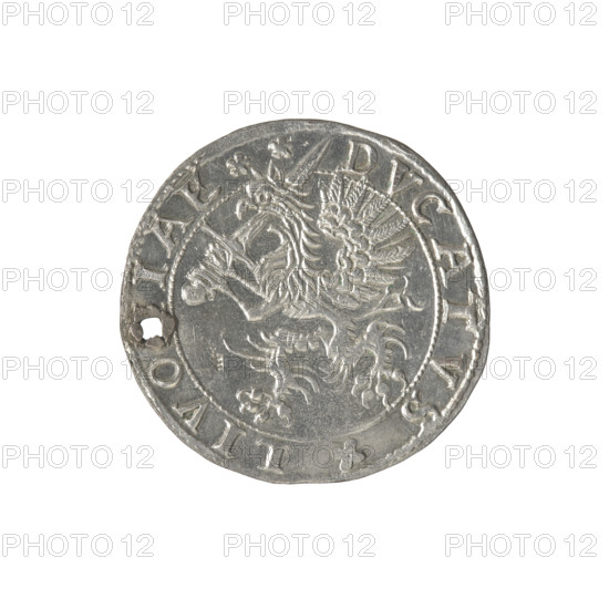 Livonian half-mark (half-fine), Sigismund II Augustus (king of Poland; 1544–1572), (interregnum), Jan Hieronimowicz Chodkiewicz (ca. 1537–1579), (administrator of Livonia), publishers: Walentyn Iberfeld (fl. 1572–1573) and Jakub Hincza (fl. 1572–1573). Coin, 1573. Obverse: below the inscription HALB/MARCK two heraldic shields with the Eagle and Pogon; below the year: .1573.; rim inscription: .MONE.NOV.ARGENTEA. Reverse: Gryf with a raised sword turned to the left separating the inscription; rim inscription: - DVCATVS.LIVO. IAE. 1573. Heraldic elements: Gryf with Sword (coat of arms; Inflanty), coats of arms, gryphons, Jagiellon dynasty references, Pogon (coat of arms), Eagle (coat of arms), heraldic shields. Coin from Inflanty (Livonia), Dahlholm, Poland. Diameter ~28.2–28.9 mm; weight 5.5 g.