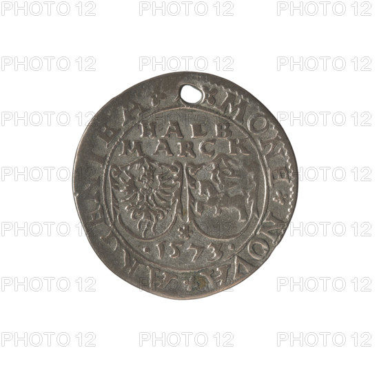 Livonian half-mark (half-fine), Sigismund II Augustus (king of Poland; 1544–1572), (interregnum), Jan Hieronimowicz Chodkiewicz (ca. 1537–1579), (administrator of Livonia); publishers: Walentyn Iberfeld (fl. 1572–1573), Jakub Hincza (fl. 1572–1573). Obverse: below the inscription HALB/MARCK two heraldic shields with the Eagle and Pogon; below the year: .1573.; rim inscription: .MONE.NOVA.ARGENTEA. Reverse: Gryf with a raised sword turned to the left separating the rim inscription: .DVCATVS, LIVONIAE.; date 1573. Heraldry: Gryf with sword (coat of arms; Inflanty), coats of arms, gryphons, Jagiellons (dynasty), Eagle, Pogon. Coin, Poland (Inflanty/Duchy of Livonia), diameter ca. 28.0–28.4 mm, weight 4.7 g.