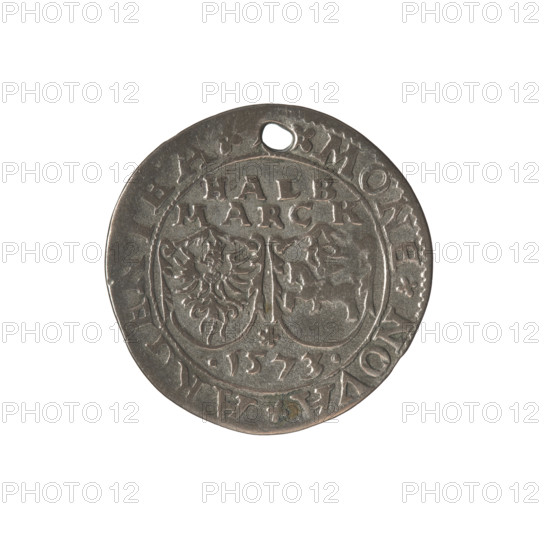 Livonian half-mark (half-fine), Sigismund II Augustus (king of Poland; 1544–1572), (interregnum), Chodkiewicz, Jan Hieronimowicz (ca.1537–1579), (administrator of Livonia), Iberfeld, Walentyn (fl.1572–1573), publisher, Hincza, Jakub (fl.1572–1573), publisher. Gryf with Sword (coat of arms; Inflanty), coats of arms, gryphons, Jagiellons (dynasty), Polish coin, inscriptions, heraldic shields, Eagle (coat of arms), Pogon (coat of arms). Obverse: Below the inscription HALB/MARCK two heraldic shields with the Eagle and Pogon; below the year: .1573.; in the rim the inscription: .MONE.NOVA.ARGENTEA. Reverse: Gryf with a raised sword turned to the left separating the inscription in the rim: .-DVCATVS, LIVONIAE., 1573. Coin (Inflanty), Dahlholm, Poland; diameter 28.0–28.4 mm; weight 4.7 g.