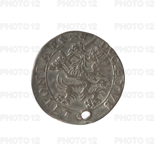 Livonian half-mark (half-fine), Sigismund II Augustus (king of Poland; 1544–1572), (interregnum), Jan Hieronimowicz Chodkiewicz (ca. 1537–1579), (administrator of Livonia), publishers Walentyn Iberfeld (fl. 1572–1573) and Jakub Hincza (fl. 1572–1573). Obverse: below the inscription 'HALB/MARCK' two heraldic shields with the Eagle and Pogon; below the year '.1573.'; rim inscription '.MONE.NOVA.ARGENTEA'. Reverse: Gryf with a raised sword turned to the left separating the rim inscription '.DVCATVS, LIVONIAE, 1573'. Heraldic imagery: Gryf with Sword (coat of arms; Inflanty), coats of arms, gryphons, Jagiellons (dynasty), Eagle (coat of arms), Pogon (coat of arms). Polish coin; diameter ~28.0–28.4 mm; weight 4.7 g.