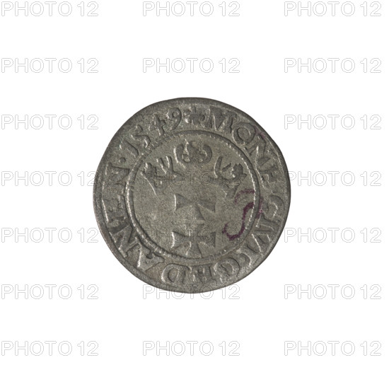 Gdansk szelag, Sigismund II Augustus (King of Poland; 1544–1572). Obv.: Eagle of Royal Prussia, in the rim between pearly borders an inscription: .SIGIS.AVG.REX.POLO.MDLI. Rev.: Coat of arms of Gdansk, in the rim between pearly borders an inscription: .MONE.CIVI.GEDANEN.1549. 1549. Poland, Gdansk. Coin (szelag). Diameter 19.7–20.0 mm. Weight 1.02 g. Coats of arms; Jagiellons; eagles; coats of arms of cities.